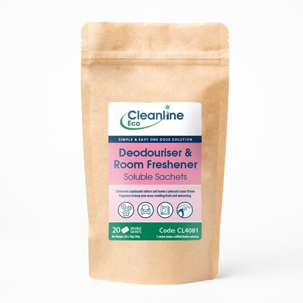 Cleanline Eco Deodouriser & Room Freshener T12 Bottle Soluble Sachets (Pack 20) - Indigo Supplies Ltd