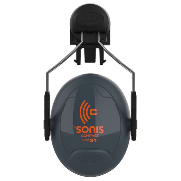 JSP Sonis Compact Helmet Mounted Cup/Ex-Vis Orange Plate Ear Defenders Dark Grey - Indigo Supplies Ltd