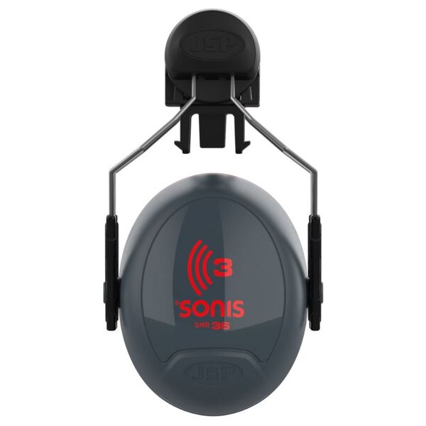 JSP Sonis 3 Helmet Mounted Cup/Ex-Vis Red Plate Ear Defenders Dark Grey - Indigo Supplies Ltd