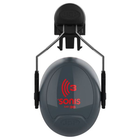 JSP Sonis 3 Helmet Mounted Cup/Ex-Vis Red Plate Ear Defenders Dark Grey - Indigo Supplies Ltd