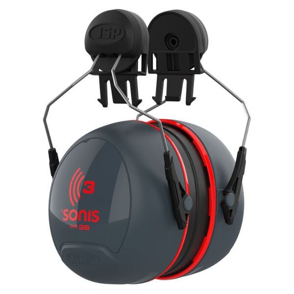 JSP Sonis 3 Helmet Mounted Cup/Ex-Vis Red Plate Ear Defenders Dark Grey - Indigo Supplies Ltd