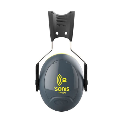 Sonis 2 Over Moulded Headband Dark Grey Cup/Ex-Vis Yellow Plate Ear Defenders - Indigo Supplies Ltd