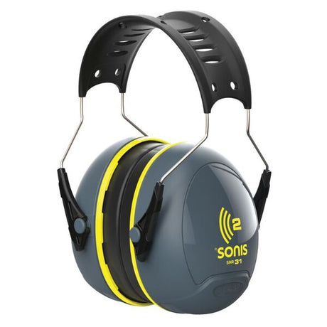 Sonis 2 Over Moulded Headband Dark Grey Cup/Ex-Vis Yellow Plate Ear Defenders - Indigo Supplies Ltd