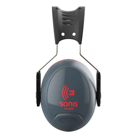 Sonis 3 Over Moulded Headband Dark Grey Cup/Ex-Vis Red Plate Ear Defenders - Indigo Supplies Ltd