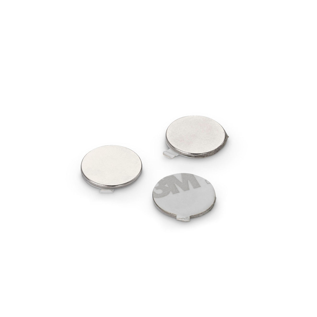 Neodymium Disc Magnet with 3M 9080 Adhesive, 15mm Diameter x 1mm N35 Nickel Plated (A) - Indigo Supplies Ltd