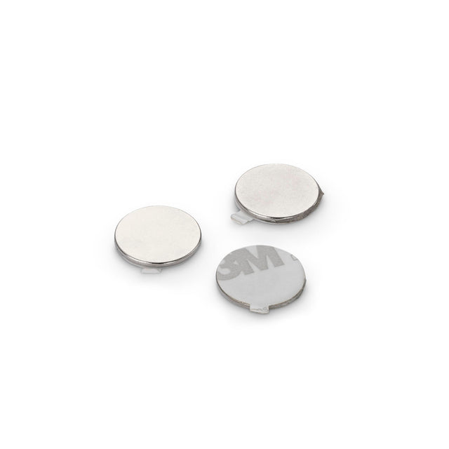 Neodymium Disc Magnet with 3M 9080 Adhesive, 15mm Diameter x 1mm N35 Nickel Plated (A) - Indigo Supplies Ltd