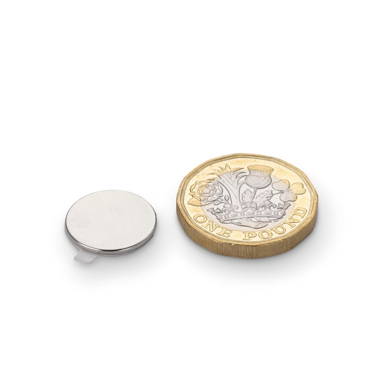 Neodymium Disc Magnet with 3M 9080 Adhesive, 15mm Diameter x 1mm N35 Nickel Plated (A) - Indigo Supplies Ltd