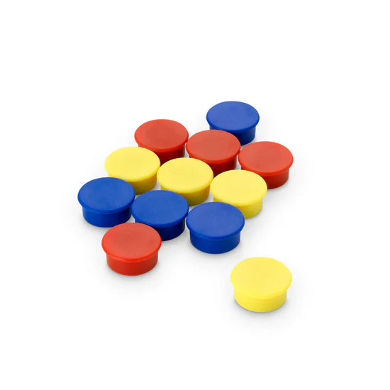 Marker Magnet Multicoloured, 20mm Diameter x 7mm Flat Top Pack of 12 - Indigo Supplies Ltd