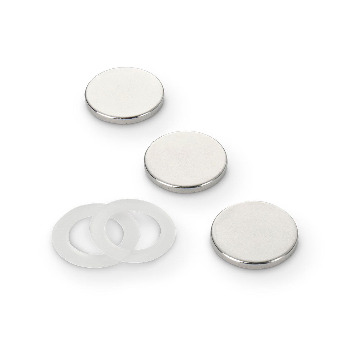 Neodymium Disc Magnet with Plastic Spacers, 18mm Diameter x 2mm N35 Nickel Plated (A) - Indigo Supplies Ltd