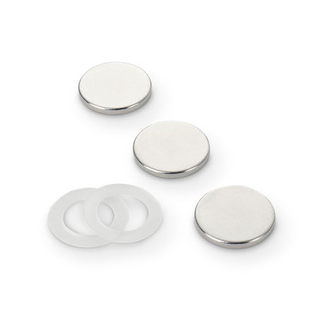 Neodymium Disc Magnet with Plastic Spacers, 18mm Diameter x 2mm N35 Nickel Plated (A) - Indigo Supplies Ltd