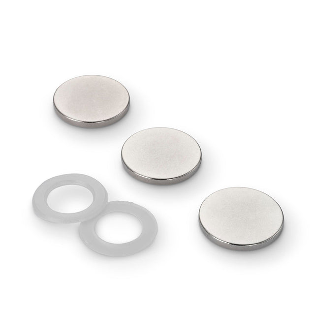 Neodymium Disc Magnet with Plastic Spacers, 20mm Diameter x 2 3 5mm N35 Nickel Plated (A) - Indigo Supplies Ltd
