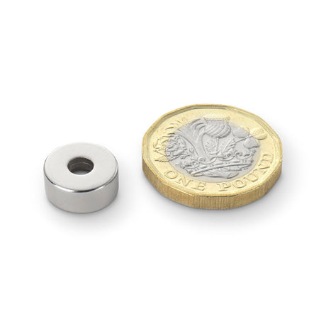 Neodymium Ring Magnet Countersunk at North Pole, 12mm O/D x 4mm I/D x 5mm N35 Nickel Plated (A) - Indigo Supplies Ltd