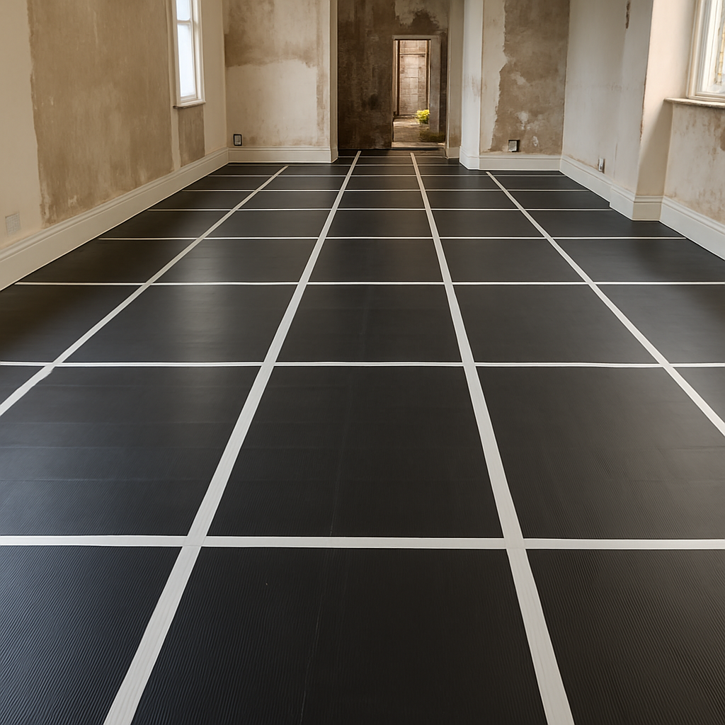 correx floor protection sheets board taped together covering a large floor in a refurbishment project uk