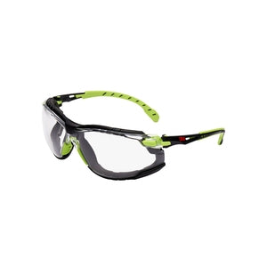 3M S1201SGAFKT-EU Solus 1000 Safety Glasses Green/Black Frame Scotchgard Anti-Fog/Anti-Scratch Coating (K&N) Clear Lens Foam Gasket and Strap - Indigo Supplies Ltd