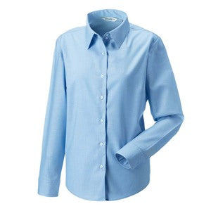 932F Ladies Long Sleeve Oxford Blouse Blue - Indigo Supplies Ltd
