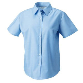 933F Ladies Short Sleeve Oxford Blouse Blue - Indigo Supplies Ltd