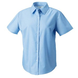 933F Ladies Short Sleeve Oxford Blouse Blue - Indigo Supplies Ltd