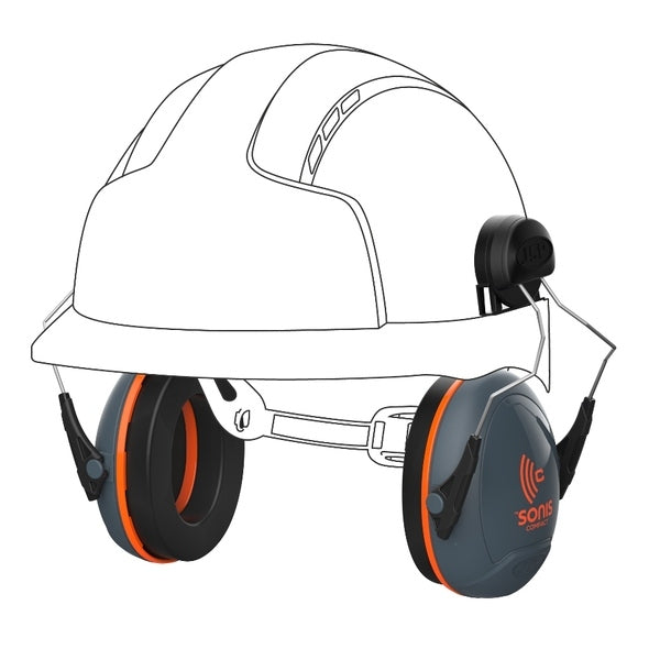 JSP Sonis Compact Helmet Mounted Cup/Ex-Vis Orange Plate Ear Defenders Dark Grey
