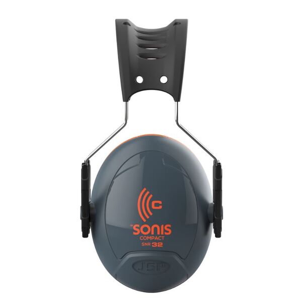Sonis Compact Over Moulded Headband Dark Grey Cup/Ex-Vis Orange Plate Ear Defenders - Indigo Supplies Ltd