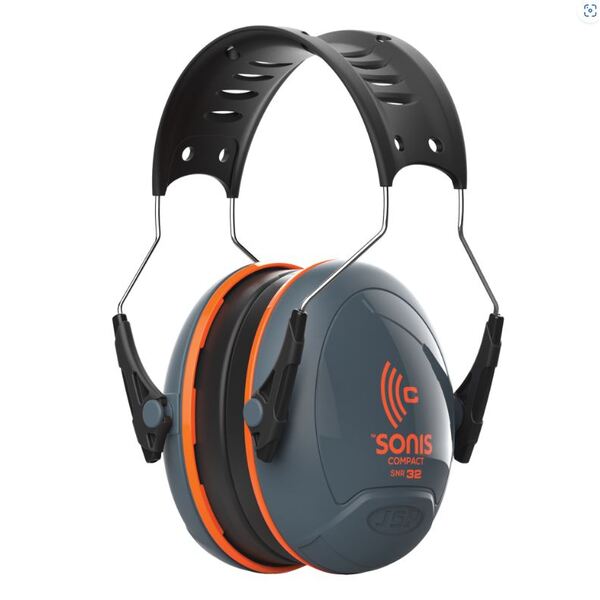 Sonis Compact Over Moulded Headband Dark Grey Cup/Ex-Vis Orange Plate Ear Defenders - Indigo Supplies Ltd