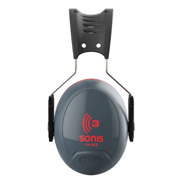 Sonis 3 Over Moulded Headband Dark Grey Cup/Ex-Vis Red Plate Ear Defenders