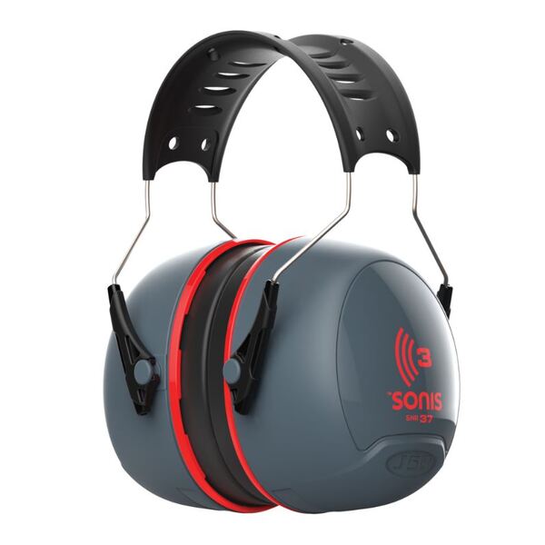 Sonis 3 Over Moulded Headband Dark Grey Cup/Ex-Vis Red Plate Ear Defenders