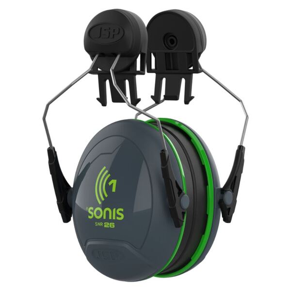 Sonis 1 Helmet Mounted Cup/Ex-Vis Green Plate Ear Defenders Grey - Indigo Supplies Ltd