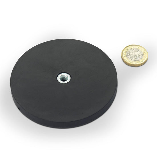 Rubber-Coated Magnet Black, 88mm O/D x 8.5mm with Open Ended M6 Bush, Flush