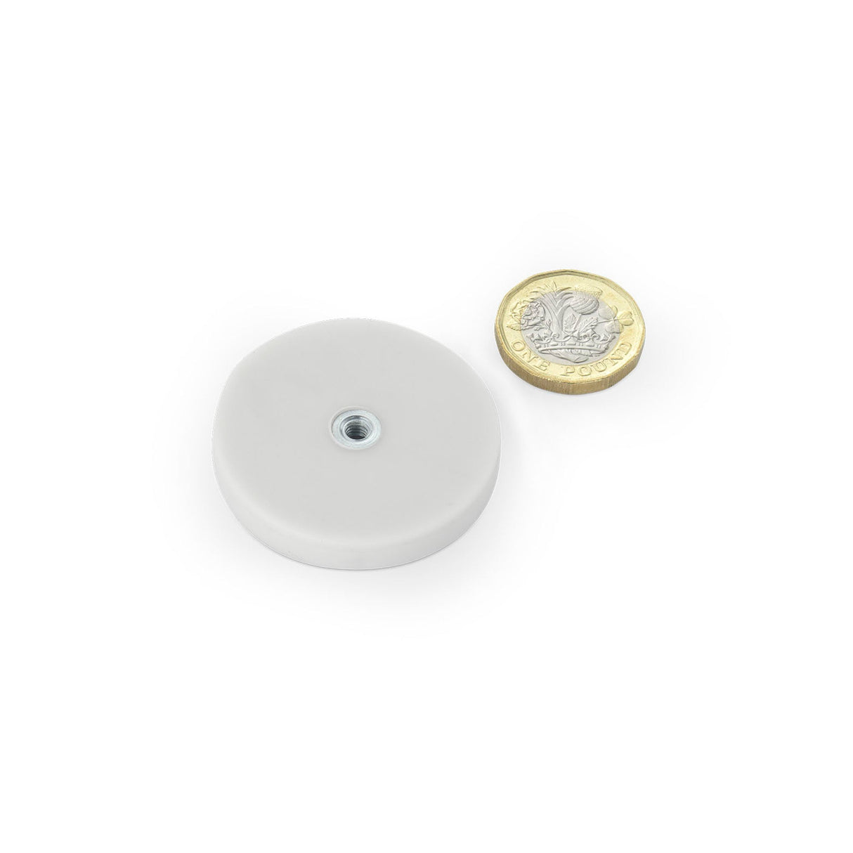 Rubber-Coated Magnet White, 43mm O/D x 6.2mm with Open Ended M4 Bush, Flush