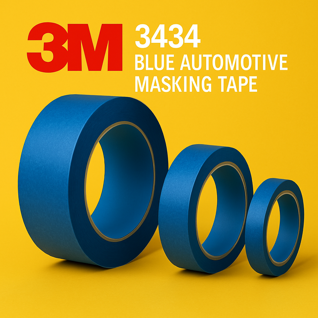 3M 3434 Blue Automotive Masking Tape on a yellow background