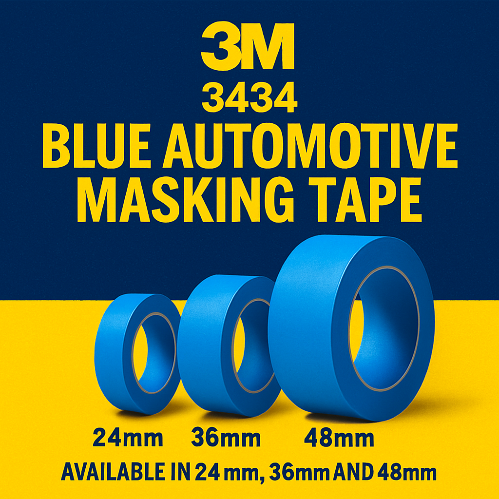 3M 3434 Blue Automotive Masking Tape with different widths on a blue and yellow background