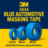 3M 3434 Blue Automotive Masking Tape with different widths on a blue and yellow background