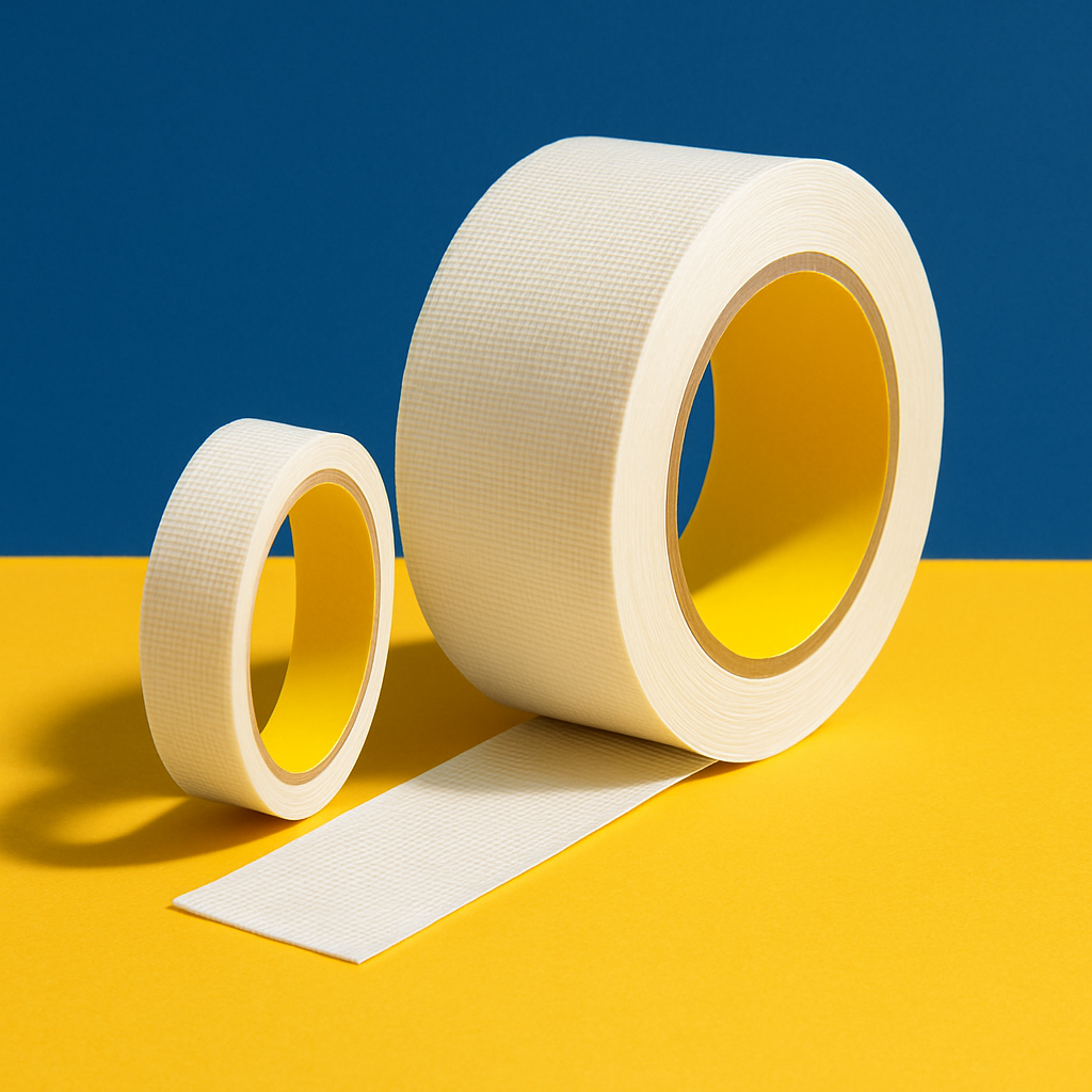 Two rolls of white tape on a yellow and blue background