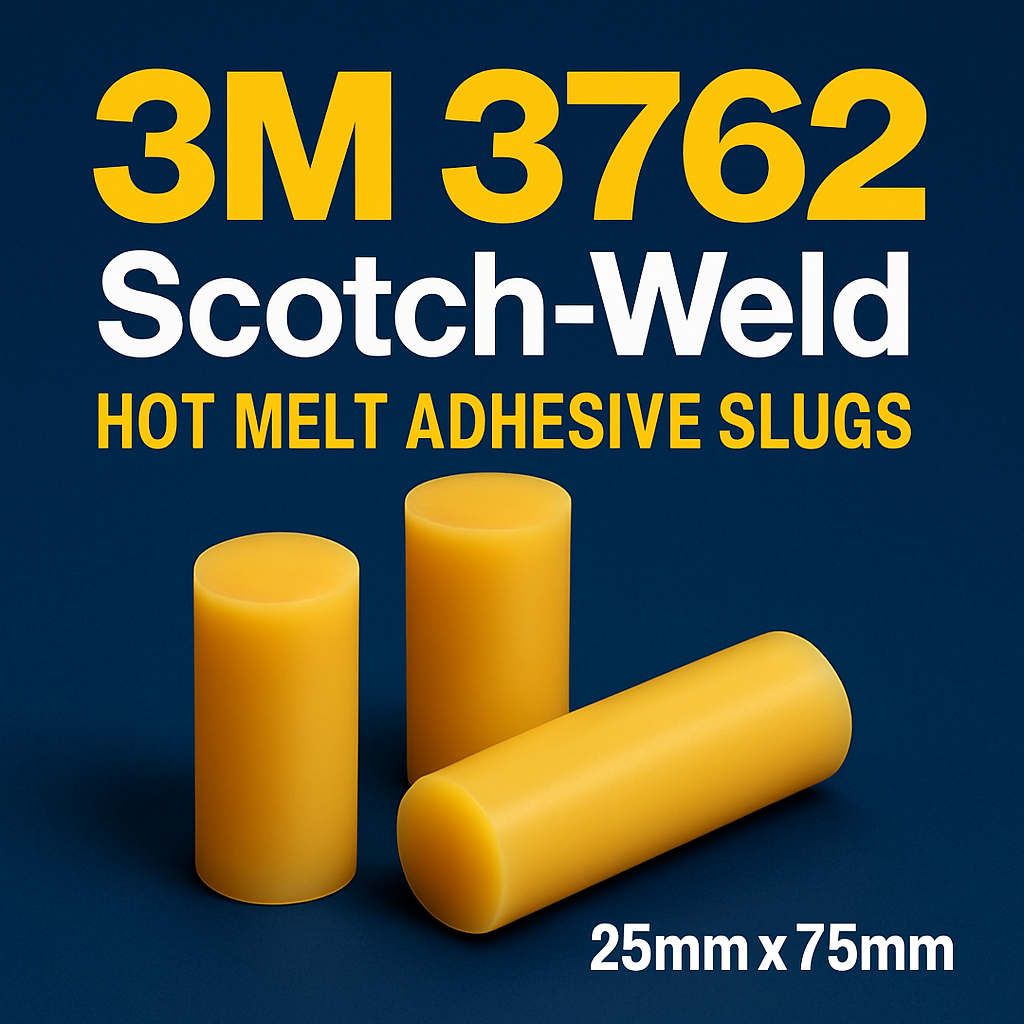3M 3762 Scotch-Weld hot melt adhesive slugs on a blue background