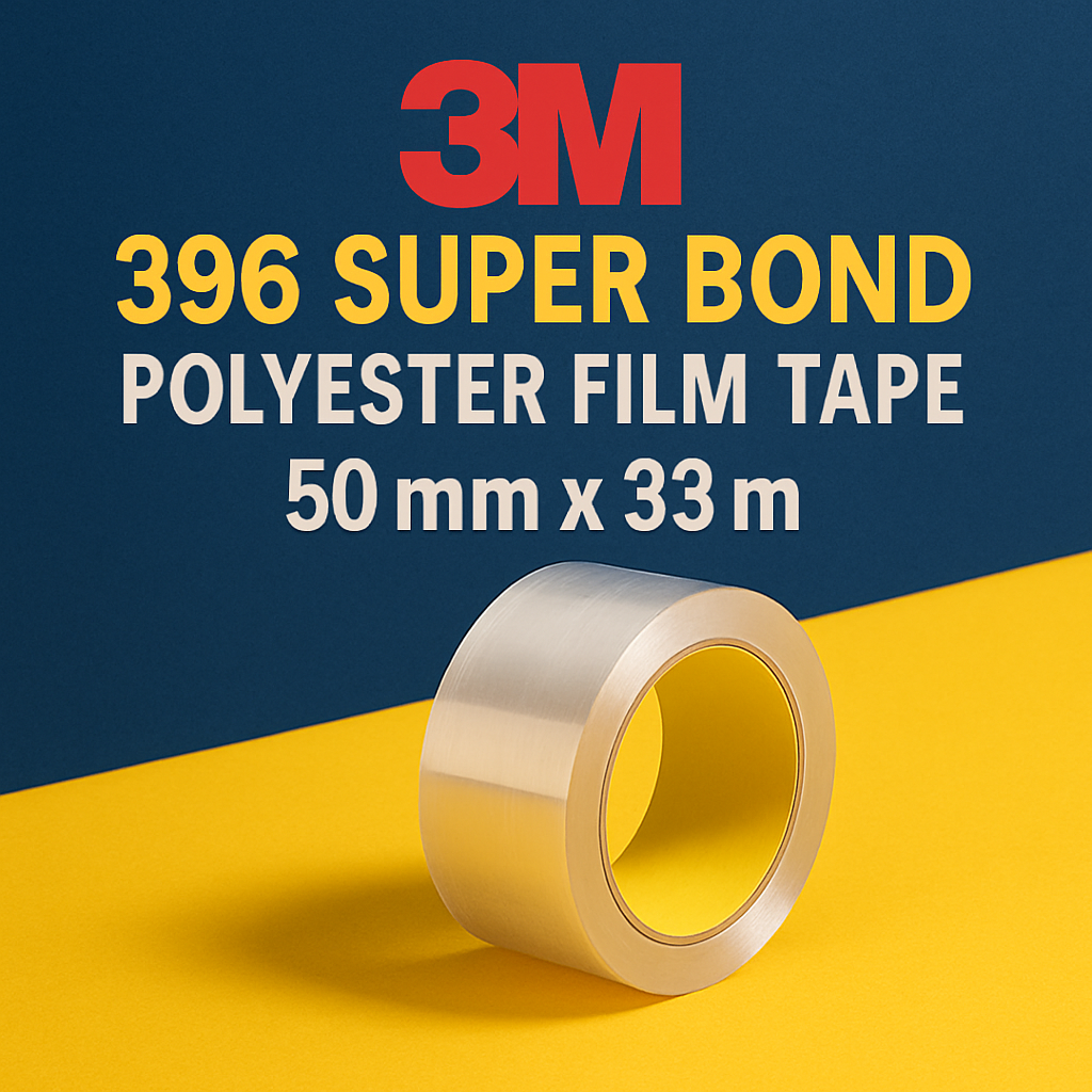 3M 396 Super Bond polyester film tape on a yellow and blue background