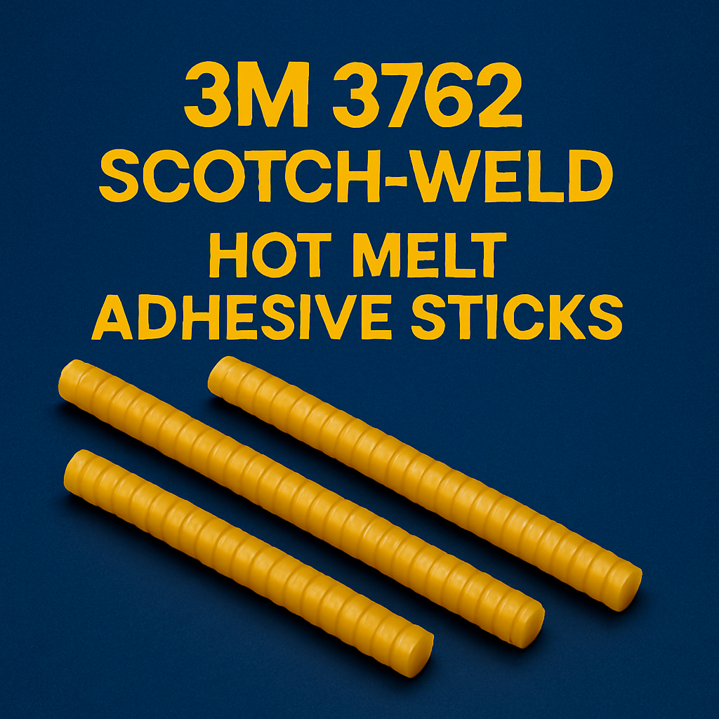 3M 3762 Scotch-Weld hot melt adhesive sticks on a blue background