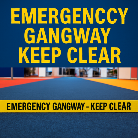 EMERGENCY GANGWAY KEEP CLEAR EXHIBITIUON ADHESIVE TAPE UK