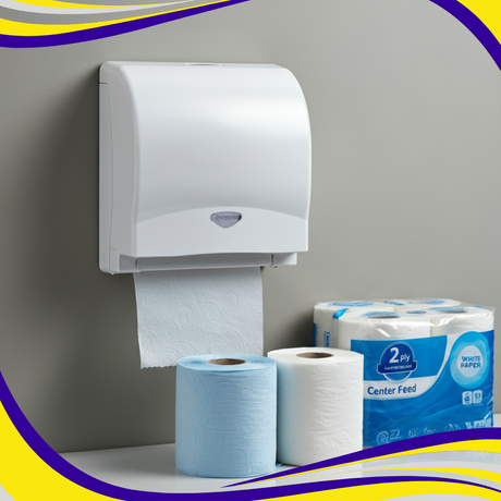 Pack of 6 Centre Feed Paper Rolls & Dispenser Unit - Indigo Supplies Ltd